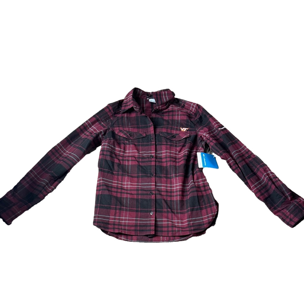Columbia Maroon Black Plaid Virginia Tech VT Hokies Button Down Top SIZE S